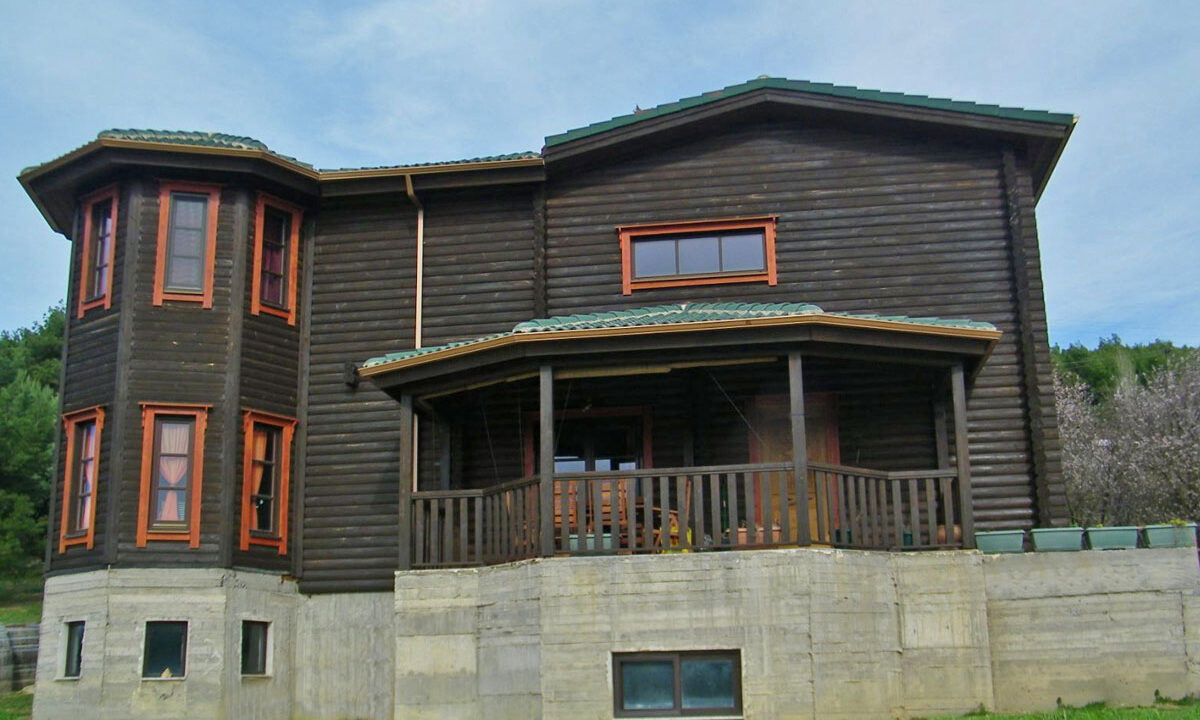 Wooden house with tree trunks